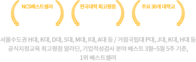 서울수도권 H대, K대, D대, S대, M대, I대, A대 등 / 거점국립대 P대, J대, K대, H대 등 공식지정교육 최고평점 알라딘, 기업적성검사 분야 베스트 3월~5월 5주 기준, 1위 베스트셀러